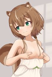 Rule 34 | animal ear fluff, animal ears, ayunda risu, ayunda risu (1st costume), blush, breasts, brown hair, cleavage, clothes pull, covering nipples, covering privates, dress, dress pull, eyes visible through hair, green eyes, hair ornament, hair over shoulder, hands on own chest, highres, hololive, hololive indonesia, leaf hair ornament, looking to the side, low twintails, medium breasts, multicolored hair, sleeveless, sleeveless dress, spaghetti strap, squirrel ears, squirrel girl, squirrel tail, tail, telomere, twintails, two-tone hair, virtual youtuber, white dress, window shadow