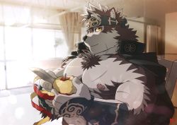 Rule 34 | 1boy, abs, animal ears, apple, bara, body hair, brown fur, bulge, dog boy, dog ears, facial hair, food, fruit, furry, furry male, grey fur, horkeu kamui, large pectorals, male focus, manly, muscular, navel, nipples, pectorals, peeling, revealing clothes, rossciaco, short hair, solo, thick thighs, thighs, tokyo houkago summoners, topless male, two-tone fur, upper body