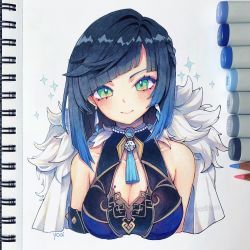 Rule 34 | 1girl, absurdres, anny (yoai), art tools in frame, artist name, bare shoulders, bead necklace, beads, black hair, blue gemstone, blue hair, bob cut, braid, breasts, cape, closed mouth, collarbone, cropped torso, diagonal bangs, dice, dress, earrings, fur trim, gem, genshin impact, gradient hair, green eyes, halter dress, halterneck, highres, jewelry, large breasts, looking at viewer, marker, marker (medium), mole, mole on breast, multicolored hair, necklace, pencil, photo (medium), short hair, simple background, smile, solo, sparkle, straight-on, tassel, traditional media, white background, white cape, yelan (genshin impact)