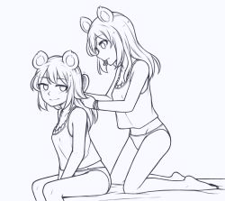 Rule 34 | 2girls, animal ears, bare legs, bare shoulders, barefoot, bear ears, between legs, brushing another&#039;s hair, brushing hair, camisole, eyes visible through hair, from side, greyscale, hair brush, hair down, hair tie in mouth, hand between legs, kneeling, lineart, long hair, looking at another, monochrome, mouth hold, multiple girls, nieve (rabi ribi), nixie (rabi ribi), no pants, panties, rabi-ribi, siblings, simple background, sisters, sitting, smile, spaghetti strap, speckticuls, underwear, underwear only, white background, wristband