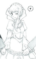 Rule 34 | 10s, 1girl, absurdres, aldnoah.zero, artist name, asseylum vers allusia, dated, dress, frilled dress, frills, gloves, holding hands, heart, highres, ink (medium), jewelry, joy kim, monochrome, necklace, one eye closed, signature, smile, solo focus, speech bubble, traditional media