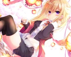 Rule 34 | 1girl, black jacket, black skirt, black thighhighs, blonde hair, blush, bow, closed mouth, commentary request, crossed legs, dutch angle, feet out of frame, fuuna, hair between eyes, highres, holding, jacket, lantern, long hair, long sleeves, looking at viewer, open clothes, open jacket, original, pleated skirt, purple eyes, red bow, shallow water, shirt, skirt, smile, solo, thighhighs, water, white shirt