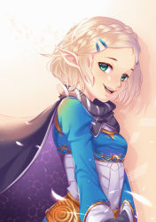Rule 34 | 1girl, absurdres, artist name, black cape, black gloves, blonde hair, braid, cape, ceciliarinchan, dated, glint, gloves, green eyes, hair ornament, hairclip, highres, long sleeves, looking at viewer, nintendo, pointy ears, princess zelda, shadow, short hair, simple background, smile, standing, the legend of zelda, the legend of zelda: breath of the wild, the legend of zelda: tears of the kingdom, triforce