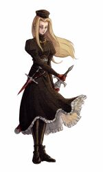 Rule 34 | 1girl, black dress, black footwear, black hat, black pantyhose, blonde hair, bluebudgie, catiua powell, commentary, commission, dress, english commentary, full body, gloves, hat, highres, holding, holding weapon, holstered, jewelry, necklace, pantyhose, red gloves, solo, sword, tactics ogre, weapon, white background, wind