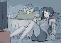 Rule 34 | 2girls, abyssal ship, bed, beer can, black hair, black shorts, breasts, can, character request, closed mouth, drink can, holding hands, kantai collection, long hair, lying, medium breasts, multiple girls, on bed, on floor, pale skin, pillow, ru-class battleship, shorts, sitting, ta-class battleship, tank top, television, terrajin, watching television, white hair