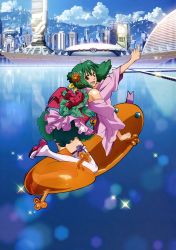 Rule 34 | 1girl, absurdres, building, city, detached sleeves, fang, female focus, green hair, highres, japanese clothes, kimono, macross, macross frontier, macross frontier: itsuwari no utahime, open mouth, outdoors, plant, ranka lee, red eyes, science fiction, see-through, short hair, sky, smile, solo, thighhighs