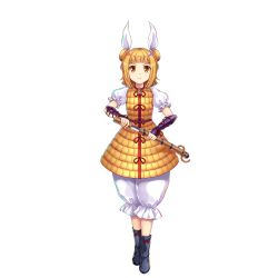 Rule 34 | 1girl, armor, armored dress, black footwear, blonde hair, closed mouth, double bun, dress, full body, game cg, hair bun, hair ribbon, haniwa (statue), highres, holding, holding sword, holding weapon, joutouguu mayumi, looking at viewer, ribbon, rotte (1109), short hair, simple background, solo, sword, third-party source, touhou, touhou lostword, v-shaped eyebrows, vambraces, weapon, white background, white ribbon, yellow dress, yellow eyes