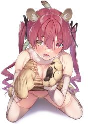 Rule 34 | 1girl, absurdres, animal ears, animal hands, animal print, bikini, black ribbon, breasts, cleavage, commentary request, elbow gloves, fur collar, gloves, hair between eyes, hair ribbon, heart, heart-shaped pupils, heterochromia, highres, hololive, houshou marine, koubou (cowbow kun), large breasts, lion ears, lion tail, long hair, open mouth, paw gloves, print bikini, red eyes, red hair, ribbon, simple background, solo, swimsuit, symbol-shaped pupils, tail, tail raised, thighhighs, tiger print, twintails, very long hair, virtual youtuber, white background, yellow eyes