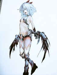 Rule 34 | 1girl, alternate costume, alternate wings, bare shoulders, blue hair, boots, colored eyelashes, fangs, knee boots, mechanical wings, open mouth, osome tei, red eyes, remilia scarlet, short hair, silver hair, solo, touhou, traditional media, vampire, wings