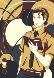 Rule 34 | 1boy, ace of diamond, arm at side, belt, black necktie, black pants, book, brown eyes, brown hair, holding, holding book, limited palette, looking at viewer, male focus, necktie, open book, pants, solo, takigawa chris yuu, yuminari