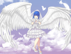Rule 34 | 1girl, angel wings, ankle lace-up, arin, bingsang, blue hair, breasts, cloud, cross-laced footwear, dress, feathers, female focus, flying, gloves, own hands clasped, long hair, outdoors, own hands together, pangya, purple eyes, shoes, sky, smile, solo, veil, wings