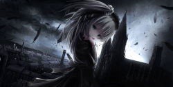 Rule 34 | 1girl, architecture, blonde hair, blue eyes, building, church, cloud, cloudy sky, dark clouds, feathers, fence, goth fashion, gothic architecture, gothic lolita, green eyes, hair ornament, hair ribbon, hair scrunchie, hairband, hand on own shoulder, lightning, lolita fashion, lolita hairband, looking at viewer, missile228, night, original, ribbon, scrunchie, silver hair, sky, solo, thunder, tower, town