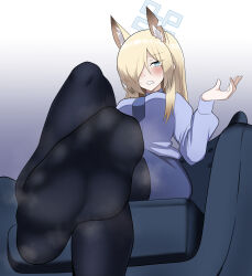 Rule 34 | 1girl, animal ears, black pantyhose, blonde hair, blue archive, blue eyes, blush, clenched hand, crossed legs, feet, hair over one eye, highres, kanna (blue archive), long hair, looking at viewer, mini sokay3, pantyhose, soles, steam