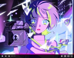 Rule 34 | 1girl, broken glass, camera, character request, fake video, glass, gloves, grey gloves, grey hair, holding, holding camera, lanyard, looking at viewer, myon (tokipi), open mouth, purple eyes, shadow, short hair, solo, upper body, youtube, zutto mayonaka de ii no ni