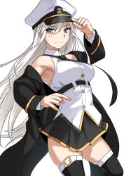 Rule 34 | 1girl, armpits, azur lane, bad id, black thighhighs, blush, breasts, enterprise (azur lane), hand on own hip, hat, large breasts, long hair, looking at viewer, miniskirt, necktie, pleated skirt, purple eyes, shiseki hirame, simple background, skirt, smile, solo, thigh strap, thighhighs, very long hair, white background, white hair, zettai ryouiki