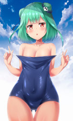 Rule 34 | 1girl, aqua hair, blue one-piece swimsuit, blue sky, blush, breasts, clothes pull, cloud, covered navel, day, gluteal fold, hair ornament, hololive, kuragari, looking at viewer, old school swimsuit, one-piece swimsuit, one-piece swimsuit pull, open mouth, outdoors, red eyes, school swimsuit, shiny skin, short hair, skull hair ornament, sky, small breasts, solo, standing, strap pull, swimsuit, thigh gap, uruha rushia, virtual youtuber