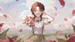 Rule 34 | 1girl, blue sky, blurry, blurry background, brown eyes, brown hair, cloud, cloudy sky, collared shirt, commission, day, depth of field, flower, green ribbon, green skirt, hand up, highres, holding, holding flower, long hair, neck ribbon, original, outdoors, outstretched arm, parted bangs, petals, pink flower, puffy short sleeves, puffy sleeves, ribbon, shirt, short sleeves, skirt, sky, solo, suspender skirt, suspenders, white shirt, ye jji