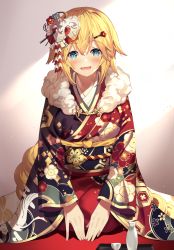 Rule 34 | 1girl, :d, akae neo, black kimono, blonde hair, blue eyes, blush, braid, commentary request, fate/apocrypha, fate/grand order, fate (series), fur collar, hair between eyes, highres, japanese clothes, jeanne d&#039;arc (fate), jeanne d&#039;arc (ruler) (fate), kimono, long hair, long sleeves, looking at viewer, obi, open mouth, print kimono, red kimono, revision, sash, seigaiha, seiza, sitting, smile, solo, very long hair, wide sleeves