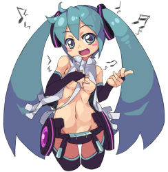 Rule 34 | 1girl, aqua eyes, aqua hair, belt, breasts, chacha (tyatya), cowboy shot, cropped legs, hatsune miku, hatsune miku (append), long hair, musical note, navel, necktie, smile, solo, twintails, underboob, very long hair, vocaloid, vocaloid append