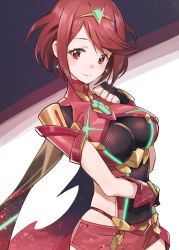Rule 34 | 1girl, blush, breasts, earrings, gloves, highres, jewelry, large breasts, looking at viewer, nintendo, pyra (xenoblade), red eyes, red hair, short hair, smile, solo, tiara, tugo, xenoblade chronicles (series), xenoblade chronicles 2, xenoblade chronicles (series), xenoblade chronicles 2