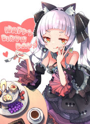 Rule 34 | 1girl, :q, absurdres, animal ear fluff, animal ears, bare shoulders, black bow, black dress, black ribbon, blunt bangs, bow, cake, cat ears, cherry, closed mouth, commentary request, cup, detached sleeves, dress, dress bow, earrings, eating, english text, food, food on face, fork, frilled dress, frilled sleeves, frills, fruit, gothic lolita, grapes, green eyes, hair ribbon, halter dress, halterneck, hands up, happy birthday, heart, highres, hololive, jewelry, juliet sleeves, licking lips, lolita fashion, long hair, long sleeves, looking at viewer, multicolored eyes, murasaki shion, murasaki shion (gothic lolita), orange eyes, outline, petticoat, pinstripe pattern, plate, puffy sleeves, ribbon, silver hair, smile, solo, striped, table, tea, teacup, tokorinowa, tongue, tongue out, vertical stripes, virtual youtuber, white background, white outline, yellow eyes