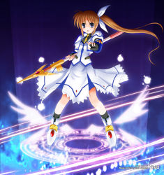 Rule 34 | 00s, 10s, 1girl, :o, blush, brown hair, character name, copyright name, dress, energy ball, fingerless gloves, flipper, gloves, glowing, jacket, long hair, lyrical nanoha, magazine (weapon), magic circle, magical girl, mahou shoujo lyrical nanoha strikers, mahou shoujo lyrical nanoha vivid, md5 mismatch, open clothes, open jacket, orange hair, purple eyes, raising heart, raising heart (exceed mode), red hair, resolution mismatch, shoes, side ponytail, solo, source larger, staff, takamachi nanoha, takamachi nanoha (exceed mode), winged footwear, wings
