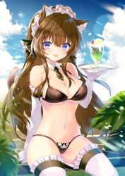 Rule 34 | 1girl, animal ear fluff, animal ears, arm support, bare shoulders, bikini, black bikini, bow, breasts, brown hair, cameltoe, cat ears, cat girl, cat tail, cleavage, day, detached collar, elbow gloves, emily (pure dream), frilled thighhighs, frills, gloves, hair bow, halterneck, hand up, headdress, highres, large breasts, long hair, looking at viewer, maid, maid bikini, maid headdress, navel, necktie, open mouth, original, outdoors, parfait, purple eyes, short necktie, sitting, smile, solo, stomach, string bikini, swimsuit, tail, tail raised, thighhighs, thighs, tray, unconventional maid, white gloves, white thighhighs