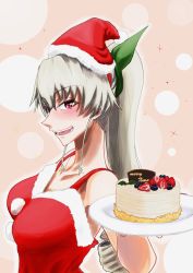 Rule 34 | 1girl, anchovy (girls und panzer), blueberry, blush, cake, christmas, christmas cake, commentary, dress, drill hair, english text, food, from side, fruit, fur-trimmed dress, fur trim, girls und panzer, green hair, green ribbon, hair ribbon, half-closed eyes, hat, highres, holding, holding plate, long hair, looking at viewer, merry christmas, open mouth, plate, red dress, red eyes, red hat, ribbon, santa dress, santa hat, smile, solo, spaghetti strap, strawberry, tatami san tatami, twin drills, twintails