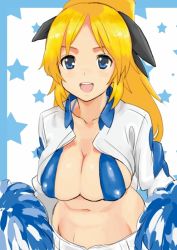 Rule 34 | 1girl, bad id, bad pixiv id, bikini, bikini top only, blonde hair, blue bikini, blue eyes, breasts, cheerleader, cleavage, katharine ohare, large breasts, long hair, pom pom (cheerleading), ponytail, solo, strike witches, strike witches: suomus misfits squadron, swimsuit, tetsujin momoko, world witches series