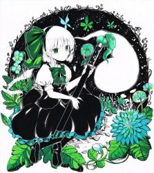 Rule 34 | 1girl, black footwear, black jacket, black skirt, bow, bowtie, closed mouth, commentary request, flower, full body, ghost, green bow, green bowtie, green eyes, green flower, jacket, konpaku youmu, konpaku youmu (ghost), looking at viewer, puffy short sleeves, puffy sleeves, shirt, short hair, short sleeves, skirt, solo, torajirou (toraneko zirou), touhou, white hair, white shirt