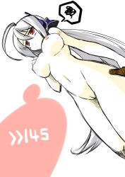 Rule 34 | 1girl, ahoge, aonagi hayate, bad id, bad pixiv id, bottle, breasts, from below, large breasts, long hair, nude, pussy, red eyes, silver hair, solo, squiggle, uncensored, very long hair, vocaloid, yowane haku