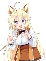 Rule 34 | 1girl, ahoge, animal ears, black bow, black bowtie, blonde hair, blue eyes, blush, bow, bowtie, breasts, brown skirt, buttons, double m/, fake animal ears, fox shadow puppet, hair between eyes, hairband, kohagura ellen, long hair, long sleeves, looking at viewer, m/, medium breasts, open mouth, osafune girls academy school uniform, pleated skirt, school uniform, shirt, simple background, skirt, smile, solo, standing, takano natsuki, toji no miko, vest, white background