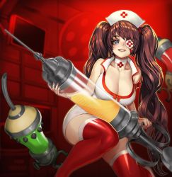 Rule 34 | 1girl, bare shoulders, breasts, brown hair, cleavage, demeter (destiny child), destiny child, dress, eyepatch, hat, hiwawa, large breasts, long hair, looking at viewer, nurse, nurse cap, oversized object, red background, red thighhighs, smile, solo, syringe, tagme, thighhighs, twintails, very long hair