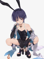 Rule 34 | 1boy, absurdres, adapted costume, akanbe, animal ears, black bridal gauntlets, black footwear, black hairband, black leotard, black skirt, black socks, blue vest, bridal gauntlets, collarbone, commentary, crossdressing, eyelid pull, fake animal ears, feet, full body, genshin impact, hairband, high heels, highres, jewelry, kneehighs, leotard, looking at viewer, male focus, male playboy bunny, miniskirt, necklace, off shoulder, open clothes, open vest, purple eyes, purple hair, rabbit ears, scaramouche (genshin impact), short hair, short sleeves, simple background, single bare shoulder, skirt, socks, solo, squatting, strapless, strapless leotard, symbol-only commentary, tongue, tongue out, trap, two-sided fabric, two-tone vest, vest, wanderer (genshin impact), white background, white vest, yamabuki (yamabuki xxxxx)