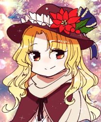 Rule 34 | 1girl, black ribbon, blonde hair, blue bow, bow, brown capelet, brown eyes, brown headwear, capelet, commentary request, fedora, flower, flower hat, frilled hat, frills, hat, hat bow, hat feather, jacket girl (dipp), long hair, owannu, parted bangs, red flower, ribbon, scarf, shirt, smile, split mouth, touhou, upper body, wavy hair, white scarf, white shirt