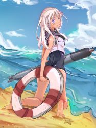 Rule 34 | 10s, 1girl, artist request, beach, blonde hair, blue eyes, crop top, flower, hair flower, hair ornament, kantai collection, kneeling, lifebuoy, one-piece swimsuit, one-piece tan, ro-500 (kancolle), sand, shore, swim ring, swimsuit, tan, tanline, torpedo