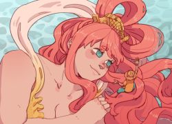 Rule 34 | 1boy, 1girl, aqua eyes, bare shoulders, blush, breasts, cleavage, giant, giantess, long hair, looking at another, medium breasts, monkey d. luffy, one piece, orange hair, shirahoshi, smile