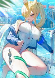 1girl animal_ears bare_legs barefoot blonde_hair blue_archive blue_eyes blue_halo blue_jacket blush breasts chair clenched_teeth competition_swimsuit day dog_ears extra_ears hair_over_one_eye halo hose jacket jinbei_(user_tpny4757) jpeg_artifacts kanna_(blue_archive) kanna_(swimsuit)_(blue_archive) large_breasts lifebuoy long_hair long_sleeves official_alternate_costume one-piece_swimsuit open_clothes open_jacket outdoors ponytail pool pool_ladder sharp_teeth solo swim_ring swimsuit teeth water whistle whistle_around_neck white_one-piece_swimsuit