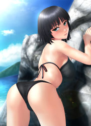 Rule 34 | 1girl, against rock, ass, bikini, black hair, blue eyes, breasts, dutch angle, female focus, fubuki (one-punch man), highres, large breasts, looking back, one-punch man, short hair, solo, swimsuit, tai (2vs)