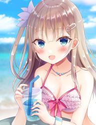 Rule 34 | 1girl, :d, absurdres, bad anatomy, bare shoulders, bikini, blue eyes, blurry, blush, breasts, brown hair, cleavage, cloud, collarbone, commentary request, cup, day, depth of field, disposable cup, drinking straw, frilled bikini, frills, front-tie bikini top, front-tie top, hair ornament, hairclip, highres, holding, holding cup, jewelry, kiyui (honey citron), long hair, looking at viewer, medium breasts, nail polish, necklace, one side up, open mouth, original, sidelocks, smile, solo, swimsuit, upper body, wristband