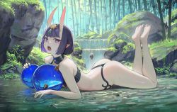 Rule 34 | 1girl, ass, bamboo, bamboo forest, barefoot, bob cut, breasts, eyeliner, fate/grand order, fate (series), feet, feet up, forest, headpiece, highres, horns, lying, makeup, nature, on stomach, oni, outdoors, pointy ears, purple eyes, purple hair, short eyebrows, short hair, shuten douji (fate), skin-covered horns, small breasts, soles, solo, the pose, toes, vertigris, water, waterfall