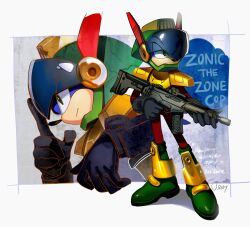 Rule 34 | 1boy, black gloves, character name, gloves, gun, helmet, highres, holding, holding gun, holding weapon, lujji, serious, sonic (series), sonic the hedgehog, sonic the hedgehog (archie comics), weapon, zonic the zone cop