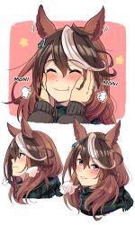 Rule 34 | 1girl, 1other, animal ears, blush, brown hair, closed eyes, closed mouth, enpera, green scarf, grey sweater, hand on another&#039;s cheek, hand on another&#039;s face, highres, horse ears, horse girl, ido (teketeke), looking at viewer, multicolored hair, multiple views, parted lips, purple eyes, scarf, smile, streaked hair, sweater, symboli rudolf (umamusume), umamusume, white background, white hair