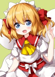 Rule 34 | 1girl, ascot, blonde hair, blue eyes, bow, collarbone, dress, fairy wings, frilled shirt collar, frills, green background, hair between eyes, hair bow, highres, looking at viewer, medium hair, open mouth, red bow, red sash, ruu (tksymkw), sash, short sleeves, simple background, smile, solo, standing, sunny milk, touhou, twintails, white bow, white dress, white headdress, white wings, wings, yellow ascot