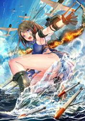 Rule 34 | 10s, 1girl, aircraft, airplane, akasaai, armpits, asymmetrical legwear, blue eyes, breasts, brown hair, fire, gloves, headgear, highres, kantai collection, legs, looking at viewer, machinery, maya (kancolle), medium breasts, ocean, open mouth, outstretched hand, panties, pantyshot, personification, shoes, short hair, sideboob, skirt, smoke, solo, torpedo, turret, underwear, uneven legwear, upskirt, water, white panties