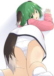 Rule 34 | 1girl, animal ears, bent over, blush, commentary request, dog ears, dog tail, dress, eyebrows, eyelashes, from behind, from below, green eyes, green hair, hand on wall, highres, kasodani kyouko, kazawa (tonzura-d), kneeling, looking at viewer, open mouth, panties, pantyshot, pink dress, shadow, simple background, sleeves past wrists, socks, solo, tail, thigh gap, tongue, touhou, underwear, white background, white panties, white socks