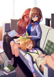Rule 34 | 3girls, :d, absurdres, black socks, blue eyes, blue shirt, blush, book, brown hair, casual, closed eyes, closed mouth, collared shirt, commentary, couch, drooling, feet out of frame, go-toubun no hanayome, green ribbon, hair between eyes, hair ornament, hair over one eye, hair ribbon, hand on another&#039;s shoulder, head rest, headpat, headphones, headphones around neck, highres, indoors, kneehighs, knees up, lap pillow, long hair, long sleeves, looking at another, lying, medium hair, mouth drool, multiple girls, nakano itsuki, nakano miku, nakano yotsuba, on back, on couch, open book, open mouth, orange hair, red hair, ribbed sweater, ribbon, shirt, siblings, sidelocks, sisters, sitting, sleeping, sleeveless, sleeveless sweater, smile, socks, star (symbol), star hair ornament, sweater, triplets, white shirt, yasuba yuichi