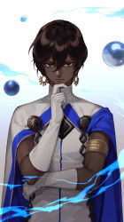 Rule 34 | 1boy, arjuna (fate), armlet, brown eyes, brown hair, cape, closed mouth, crossed arms, dark-skinned male, dark skin, elbow gloves, fate/grand order, fate (series), fhalei, finger to own chin, gloves, gold trim, hair between eyes, highres, jacket, looking at viewer, magic, male focus, smile, solo, standing, turtleneck, upper body, white gloves, white jacket