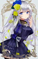 Rule 34 | 1girl, :/, artist name, blue dress, blue eyes, blue flower, blue nails, blue rose, blush, breasts, brooch, closed mouth, cowboy shot, dress, flower, from side, grey background, hand up, jewelry, juliet sleeves, long hair, long sleeves, looking at viewer, multicolored hair, multicolored nails, nail polish, original, puffy sleeves, rose, sakizaki saki-p, silver hair, simple background, small breasts, solo, standing, streaked hair, very long hair, wide sleeves, yellow flower, yellow nails, yellow rose