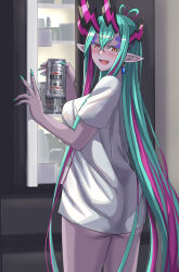 Rule 34 | 1girl, aqua hair, ass, beer can, blush, breasts, can, colored skin, drink can, earrings, eyeliner, fate/grand order, fate (series), grey skin, hair between eyes, highres, horns, ibuki douji (fate), jewelry, ksfactory, large breasts, long hair, looking at viewer, looking back, makeup, multicolored hair, oni, open mouth, pink hair, pointy ears, red eyes, refrigerator, shirt, short sleeves, sidelocks, smile, solo, white shirt